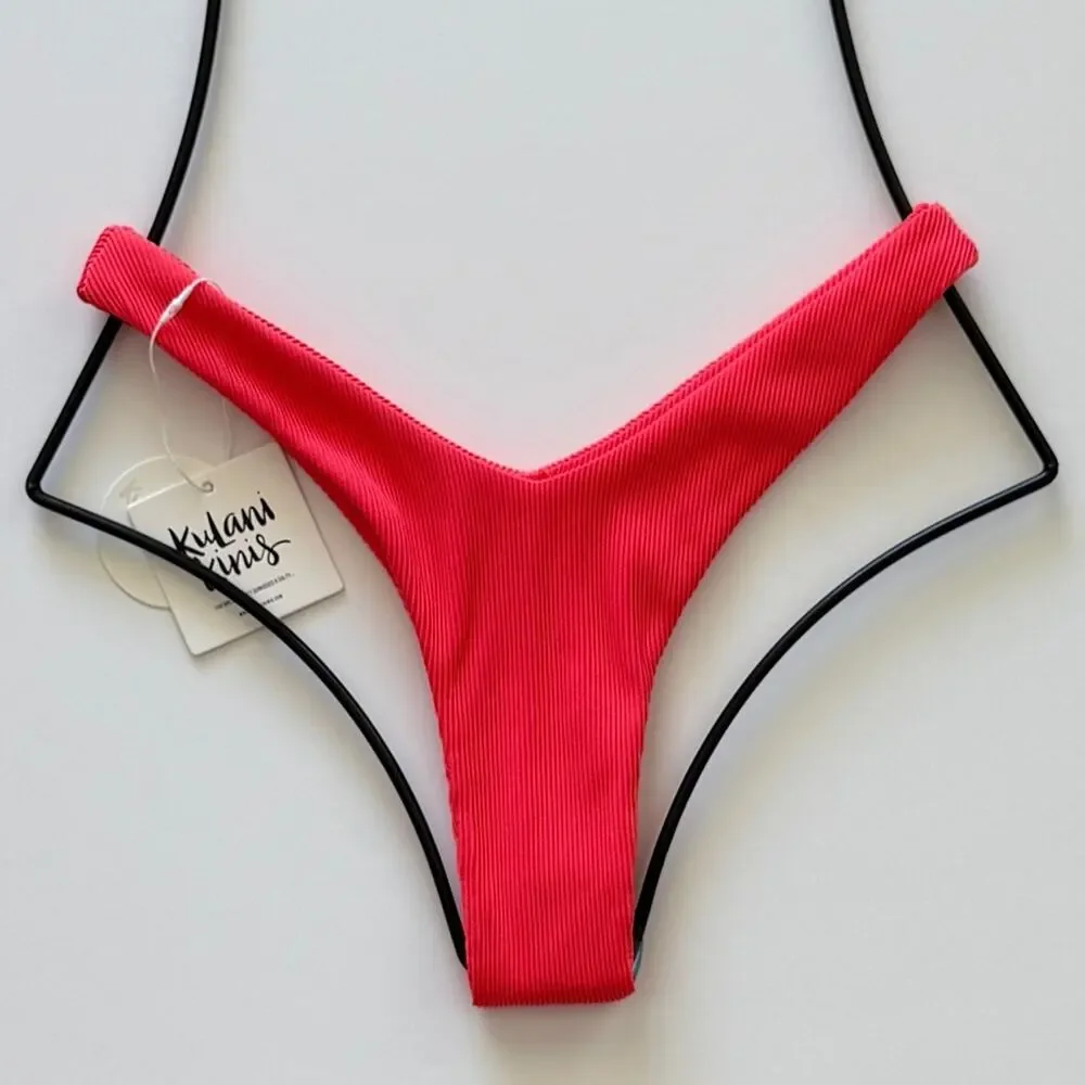 Kulani Kinis Y Cheeky Bikini Bottom - Watermelon Ribbed, Size Large, NWT